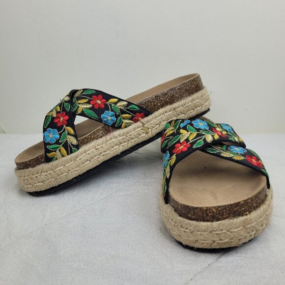 Pierre Dumas boho embroidered color flowers platform black espadrille sandals 10 - Picture 3 of 14